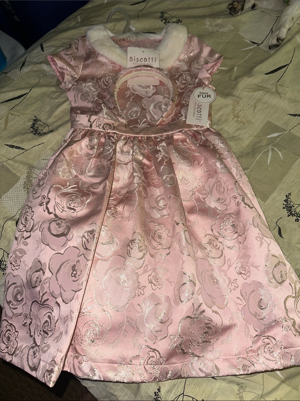 Biscotti Pink Rose Jacquard Dress with Faux Fur Collar & Matching Headband NWT
